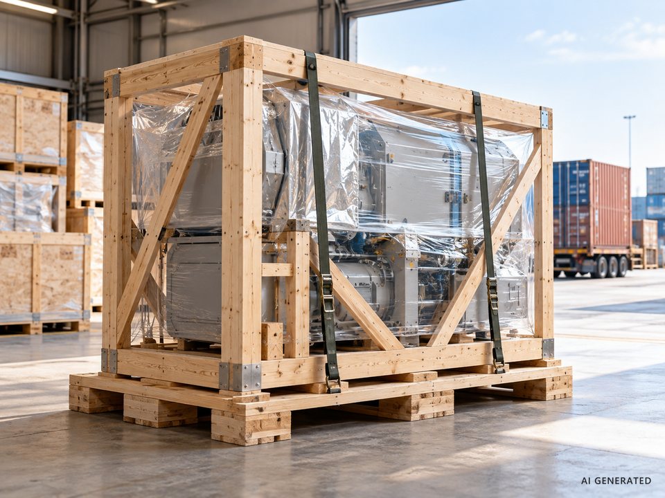 KI-generiertes Symbolbild: in Folie verpackte Maschine in einem verschraubten Holzverschlag mit Spanngurten, im Hintergrund Seecontainer