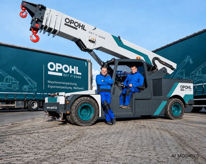 Mit KI bearbeitetes Foto: Hallenmobilkran von JMG mit zwei Mitarbeitern vor Lkw-Aufliegern