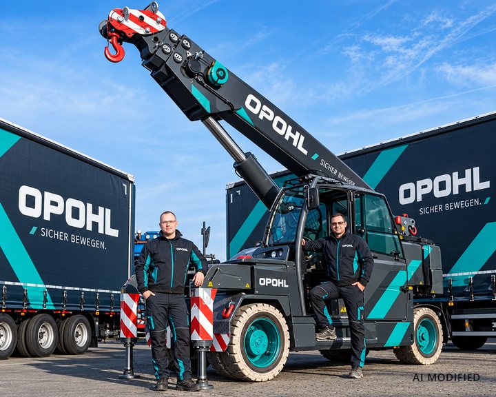 Mit KI bearbeitetes Foto: 25-Tonnen-Hallenmobilkran von JMG mit zwei Mitarbeitern vor Lkw-Aufliegern