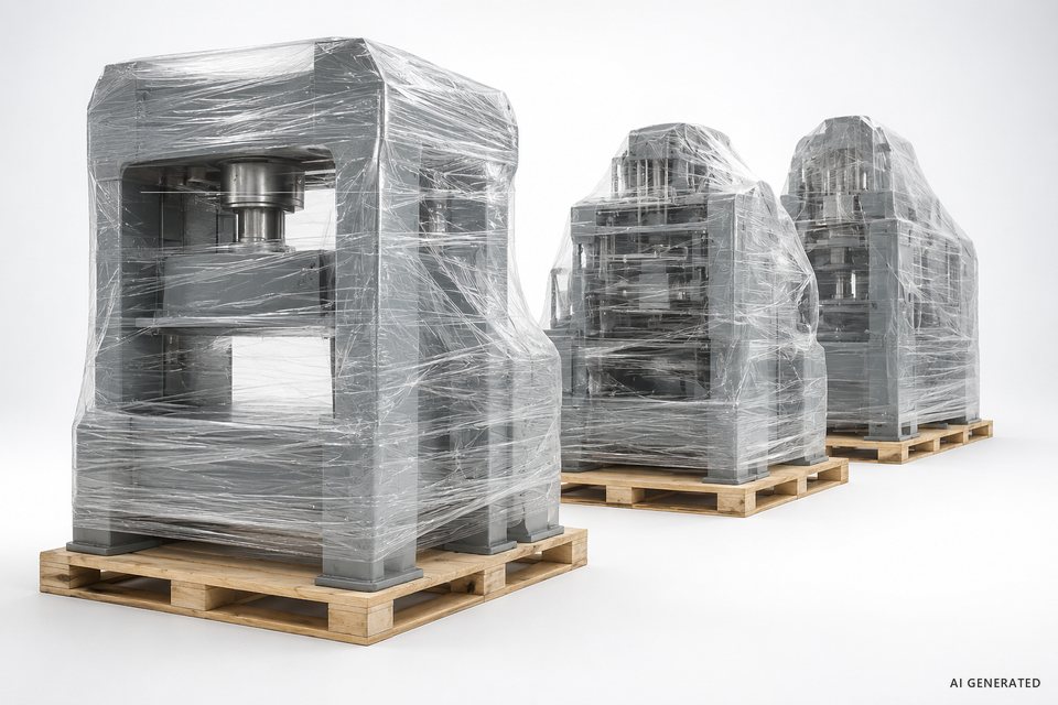 KI-generiertes Symbolbild: drei in Schutzfolie verpackte Industriemaschinen auf maßgefertigten Holzpaletten