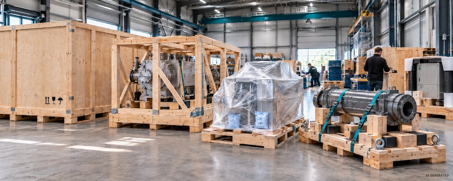KI-generiertes Symbolbild: Werkshalle mit Holzkisten, offenen Holzverschlägen und auf Paletten gesicherten Maschinenteilen