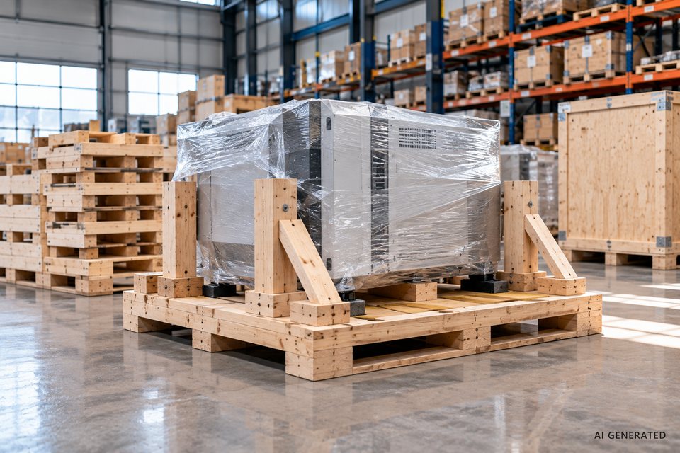 KI-generiertes Symbolbild: in Folie verpackte Maschine auf einer Sonderpalette mit seitlichen Holzstützen