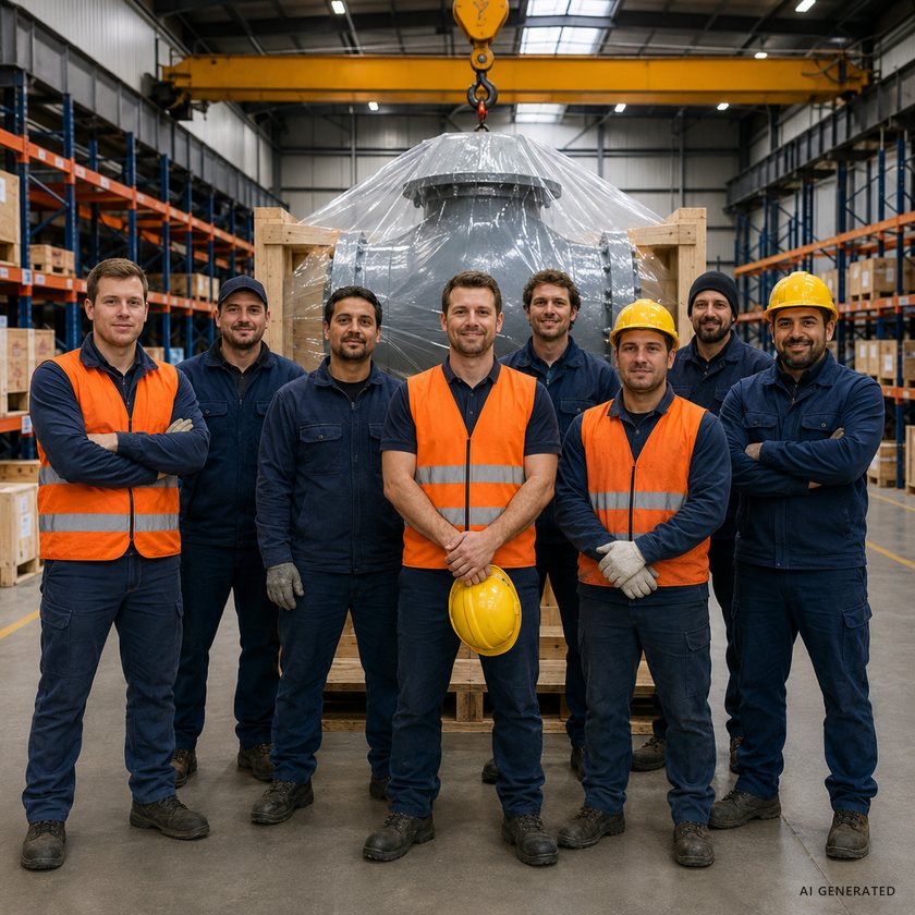KI-generiertes Symbolbild: Mitarbeiter vor einer in Holz und Folie verpackten Industriemaschine in der Werkshalle