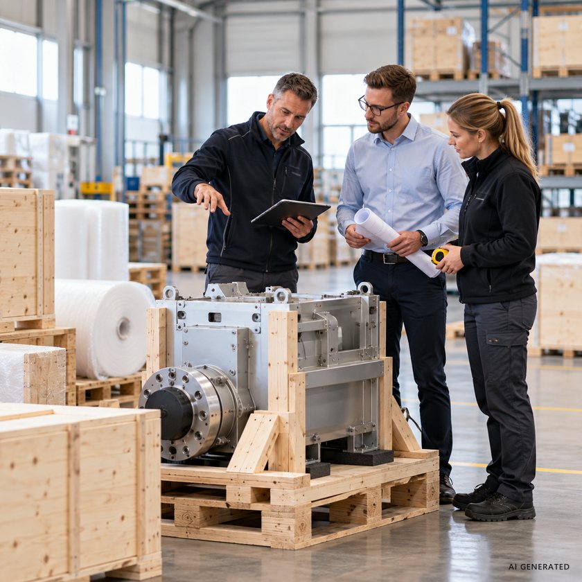 KI-generiertes Symbolbild: drei Personen besprechen in der Halle die Verpackung einer Maschine auf einer Holzpalette
